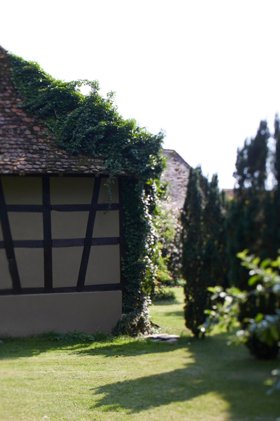 Maison à colombages alsacienne entourée d'un jardin paysager